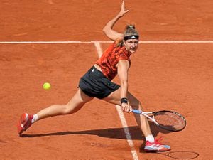 Karolina Muchova of the Czech Republic plays a shot against Aryna Sabalenka during their French Open semi-final