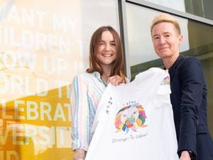 Olivia Evans, improvement lead, and Stacey Keegan, chief executive at the Orthopaedic Hospital, with the t-shirt design