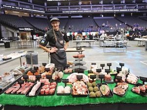 Ben Roberts with his meat display at the World Champion Butcher Apprentice competition in Sacramento.