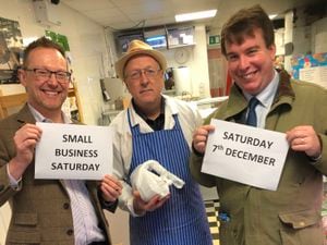 Russell George and Conservative parliamentary candidate Craig Williams at IC Quality meats in Ladywell Centre in Newtown 