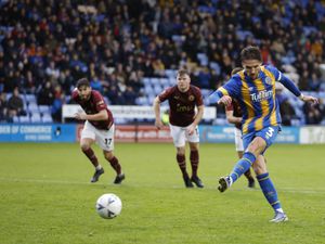Luke Leahy of Shrewsbury Town scores a goal to make it 2-0 from the penalty spot.