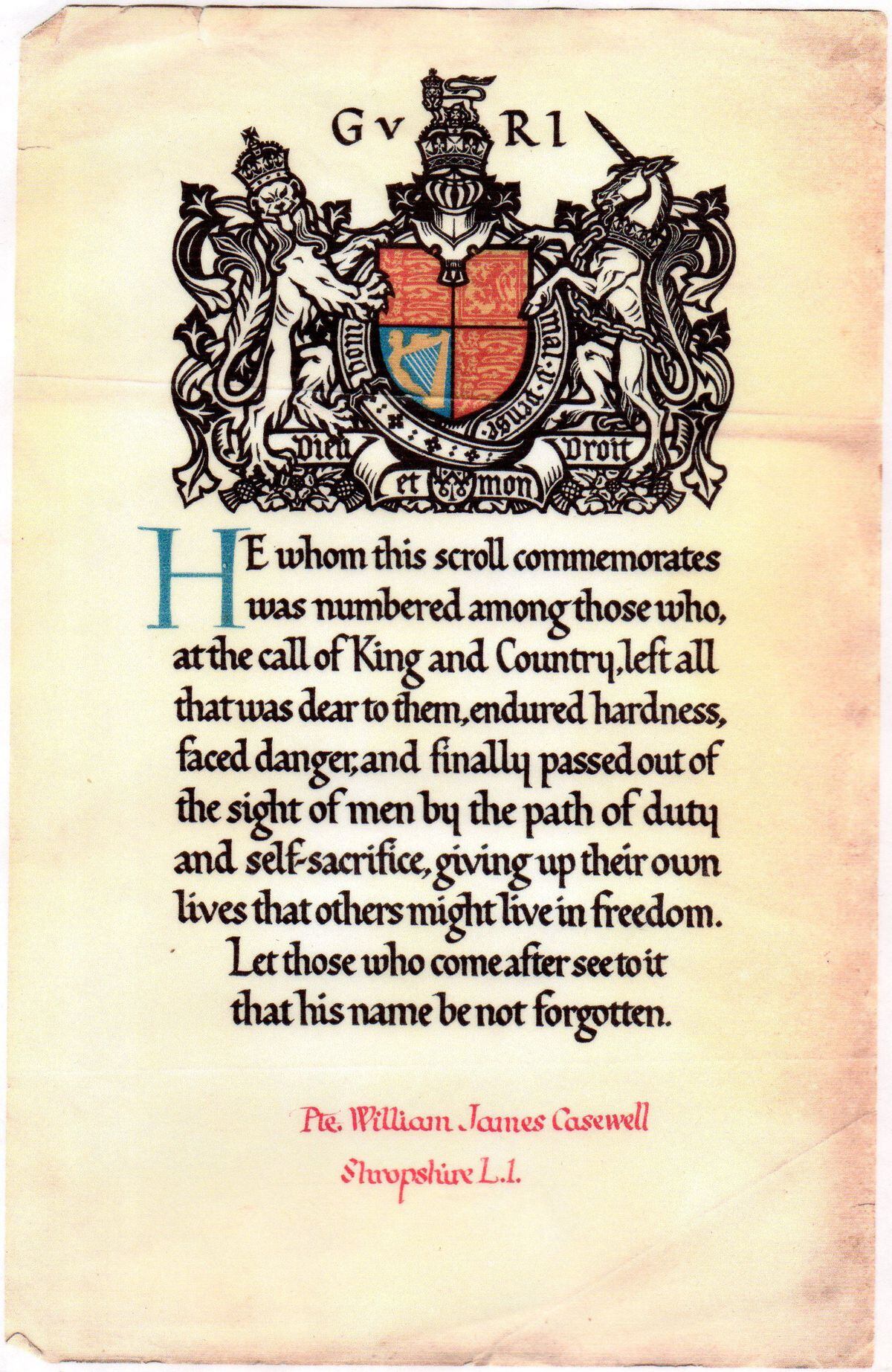 A scroll from the King dedicated to William James Casewell's military records