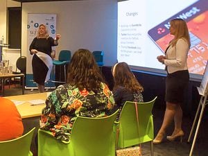 Hollie Whittles and Helen Leathers speak to business women as part of the WiRE network, based at Harper Adams University