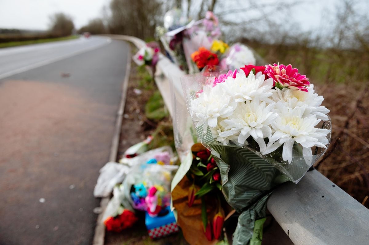 Floral tributes at the scene of the crash between Newport and Donnington