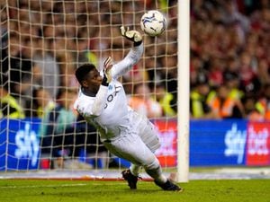               Nottingham Forest goalkeeper Brice Samba saves the penalty of Sheffield United's Oliver Norwood