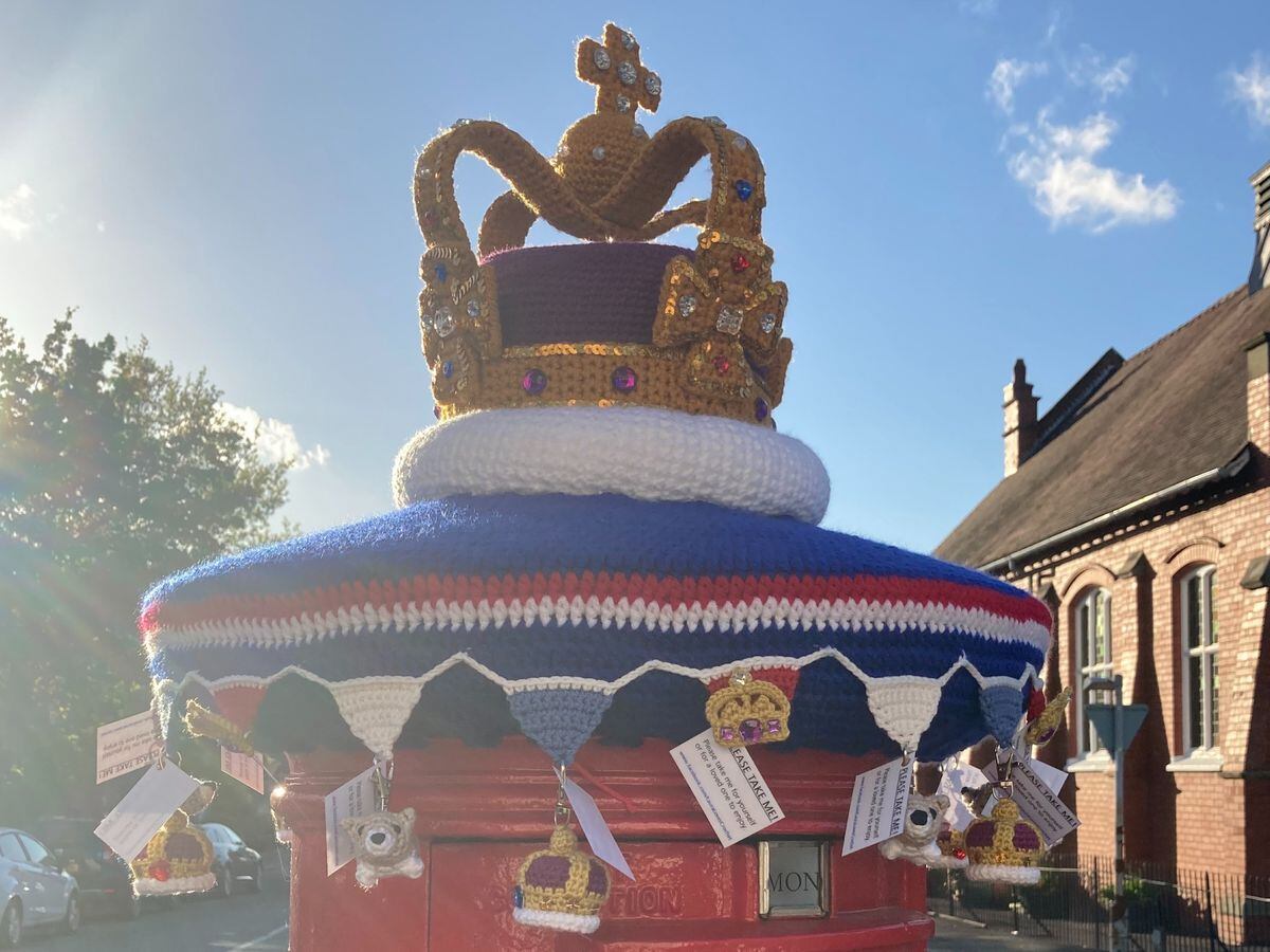  Post Box toppers in the form of a crown made by Laura Sutcliffe, from Church Stretton. 