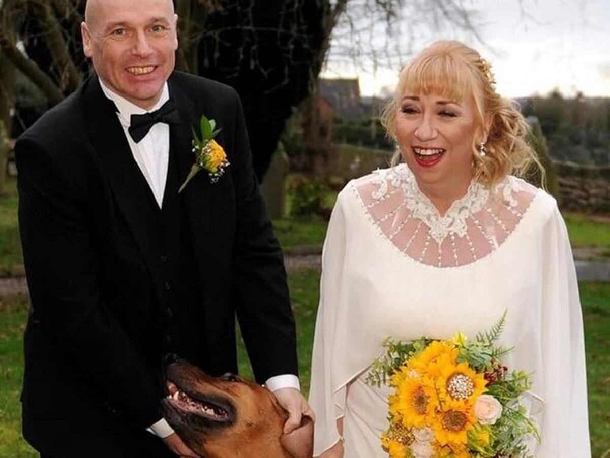 Alan Steele with Wendy on their wedding day with Bean, their dog