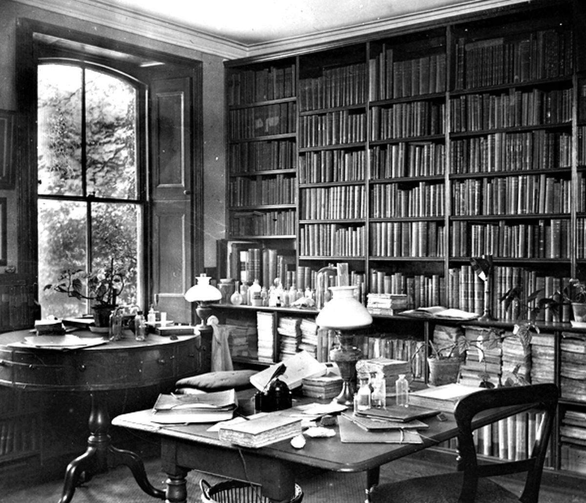 Darwin's library on the shelves of Down House in the 1870s. 