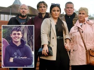 The family of Dylan Price, inset, outside Telford Magistrates Court. From left; Dylan's uncle Steve Weaver, aunt Janet Price, sister Izzy Price, stepfather Steve Bristow and grandmother Betty Guntrip.