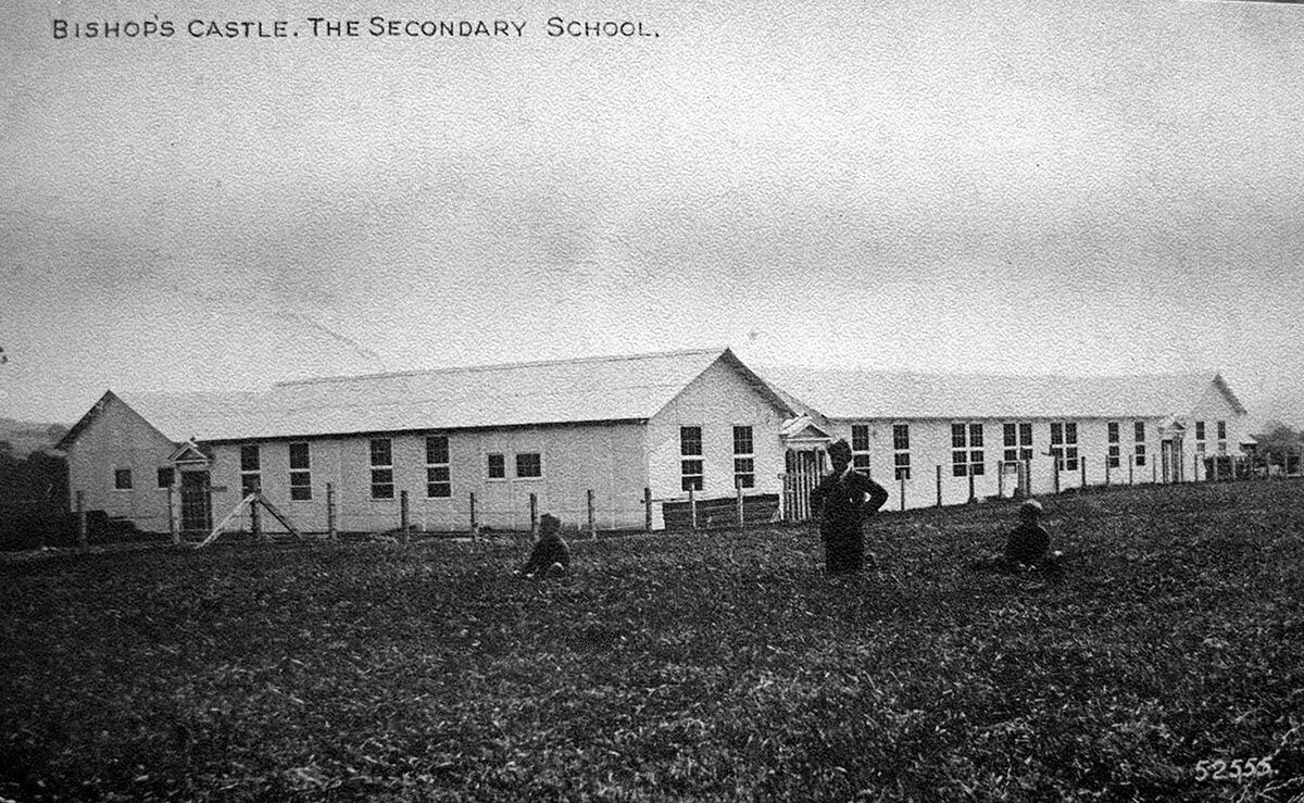 Bishop's Castle Secondary School. Undated but likely to be 1922, when it opened. This is an old postcard which belonged to the late Mrs Olive Farr, of Crowmere Road, Shrewsbury. 