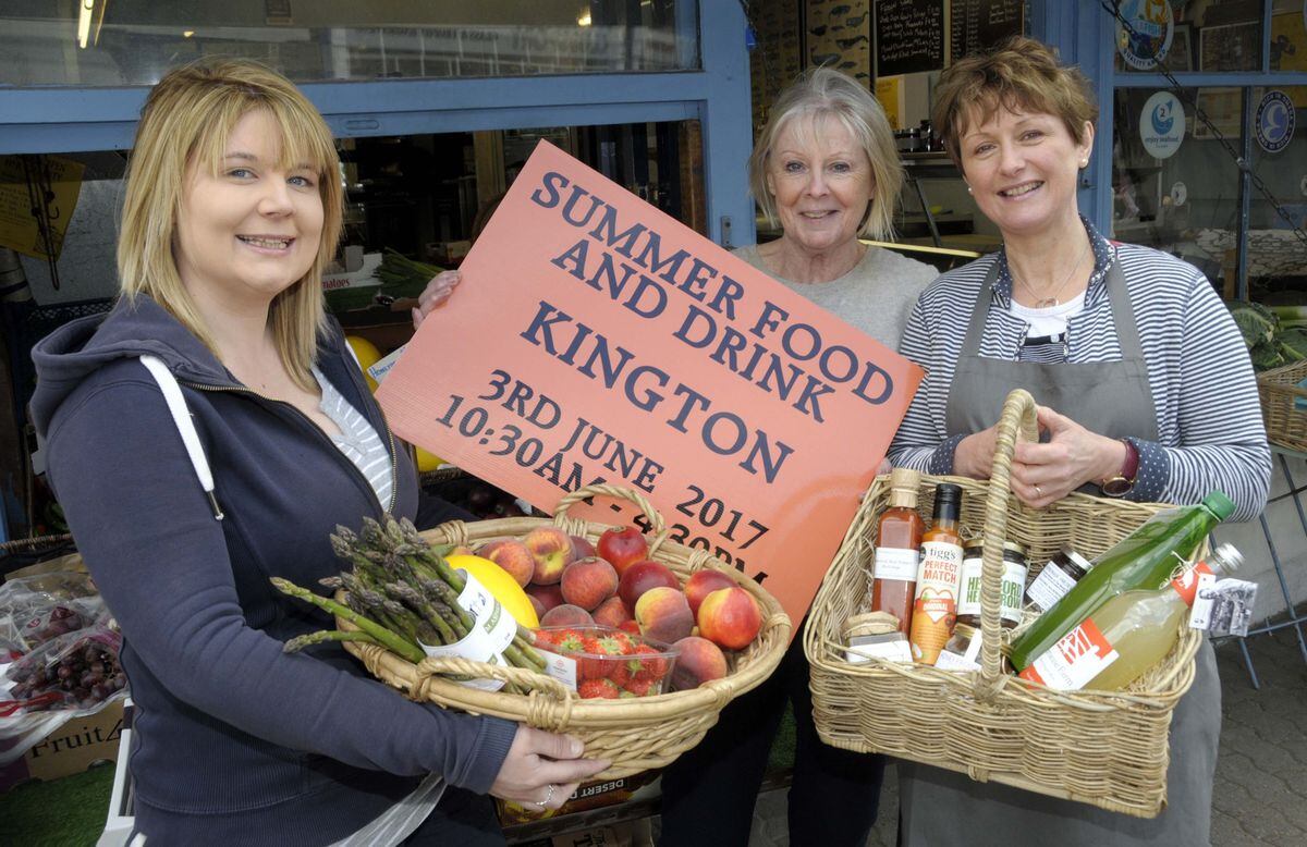 Chairman of Kington Chamber of Trade, Emma Hancocks with festival organiser Pam Peaks and local business owner Helen Yeomans, promoting the Kington Summer Food and Drink Festival.