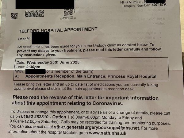 The letter offering an appointment at Telford's Princess Royal Hospital in June 2025