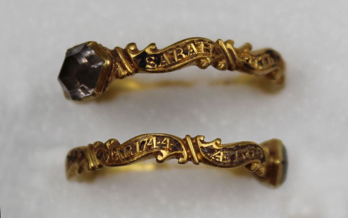 A ring dedicated to Sarah Hill of the Hill family of Shropshire. Found 275 years after it was created, the ring would have been given to close friends and family members