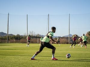 Darnell Furlong on the ball during West Brom training in Spain (WBA)