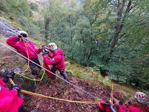 The rescuers at Llanrhaeadr Waterfall