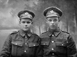 Great War soldiers from Wellington with the King's Shropshire Light Infantry cap badge. Left is Herbert Lewis, right is Jack Kitson, who was born in about 1898. The picture came from Herbert's son, Ray Lewis, of Wellington, who married one of Jack's sisters, Esther Kitson, so they became brothers-in-law. 