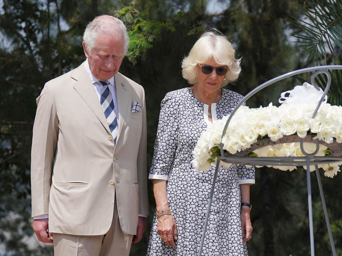 The Prince of Wales and the Duchess of Cornwall after laying a wreath at the Kigali Genocide Memorial