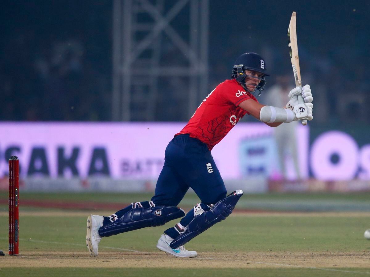 England's Sam Curran bats during the fifth twenty20 cricket match between Pakistan and England, in Lahore, Pakistan, Wednesday, Sept. 28, 2022. (AP Photo/K.M. Chaudary).