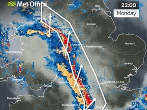 Graphic released by The Met Office West Midlands last night showing the long line of organised thunderstorms