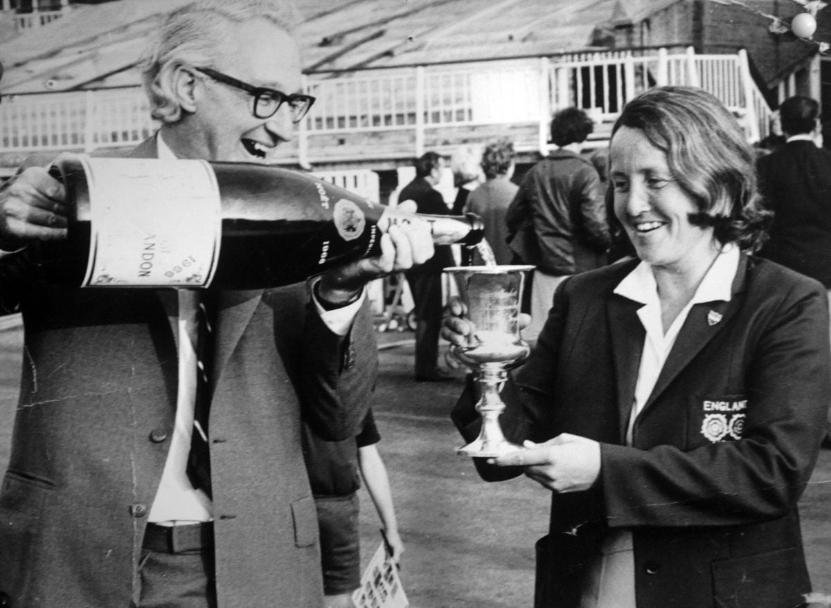 Rachael Heyhoe Flint joking with Jack Hayward, at Edgbaston, in 1973