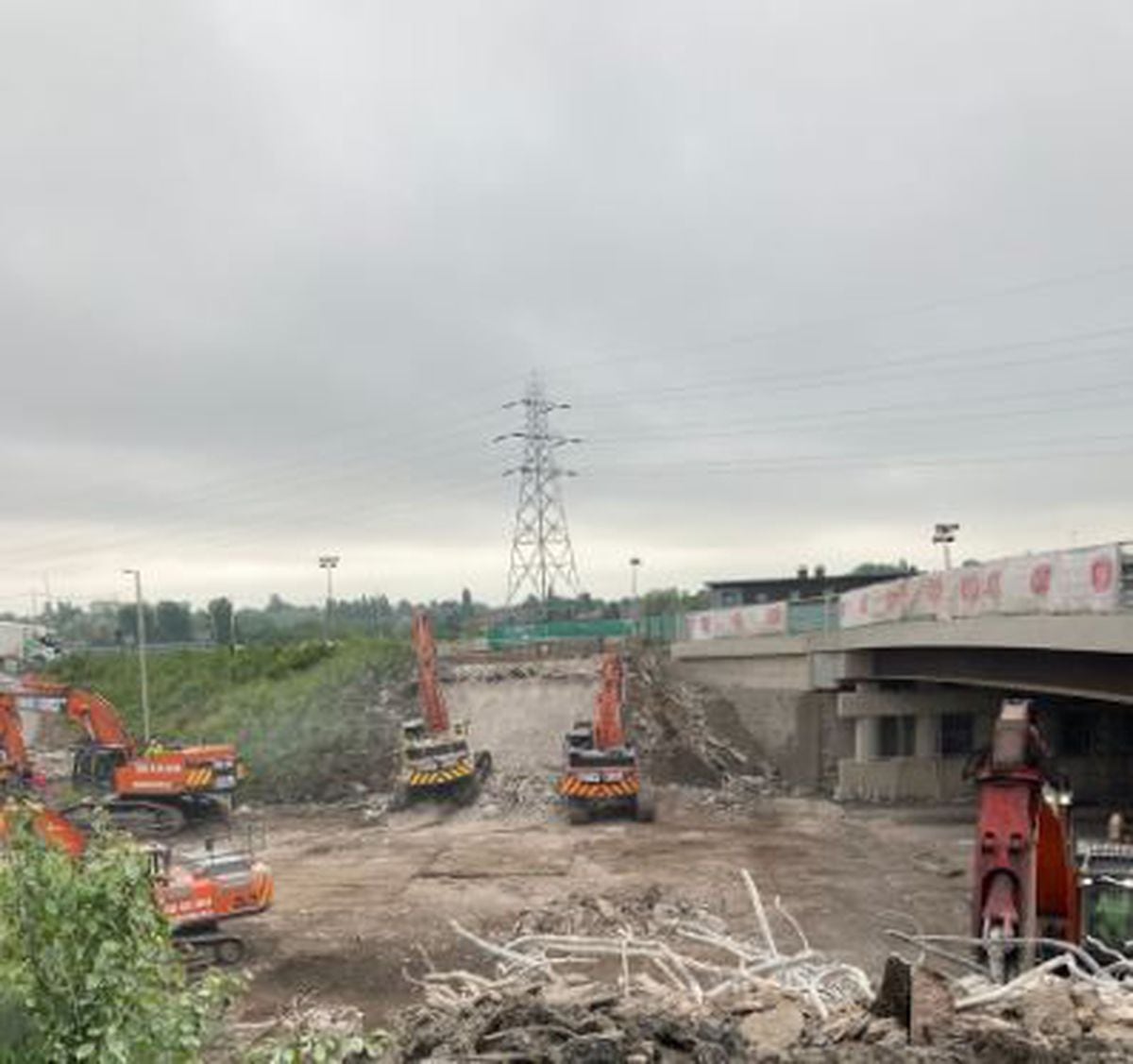 The old bridge which spanned the motorway at junction 10 of the M6 has been demolished