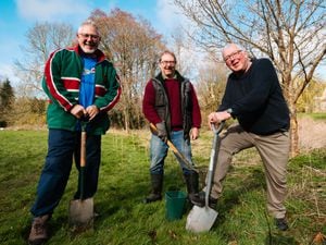 As many as 150 more trees are being planted at Strine Park in Newport as part of a five year plan to plant 1000 trees across the town. From left are, Collin Ainsworth, Dave Jones and Councillor Peter Scott.