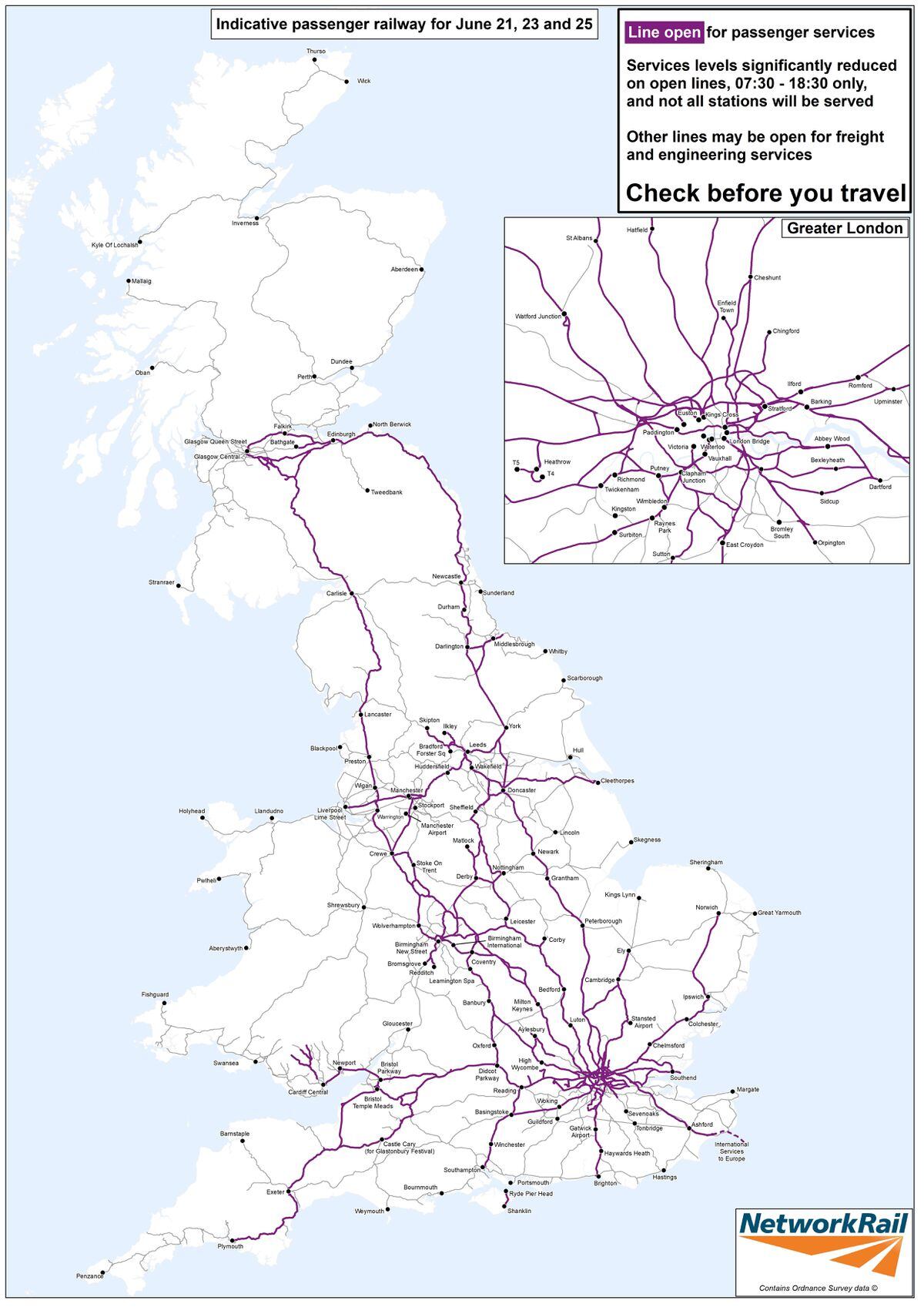 Network Rail has published a map showing, in purple, the lines that will be open during the strike action