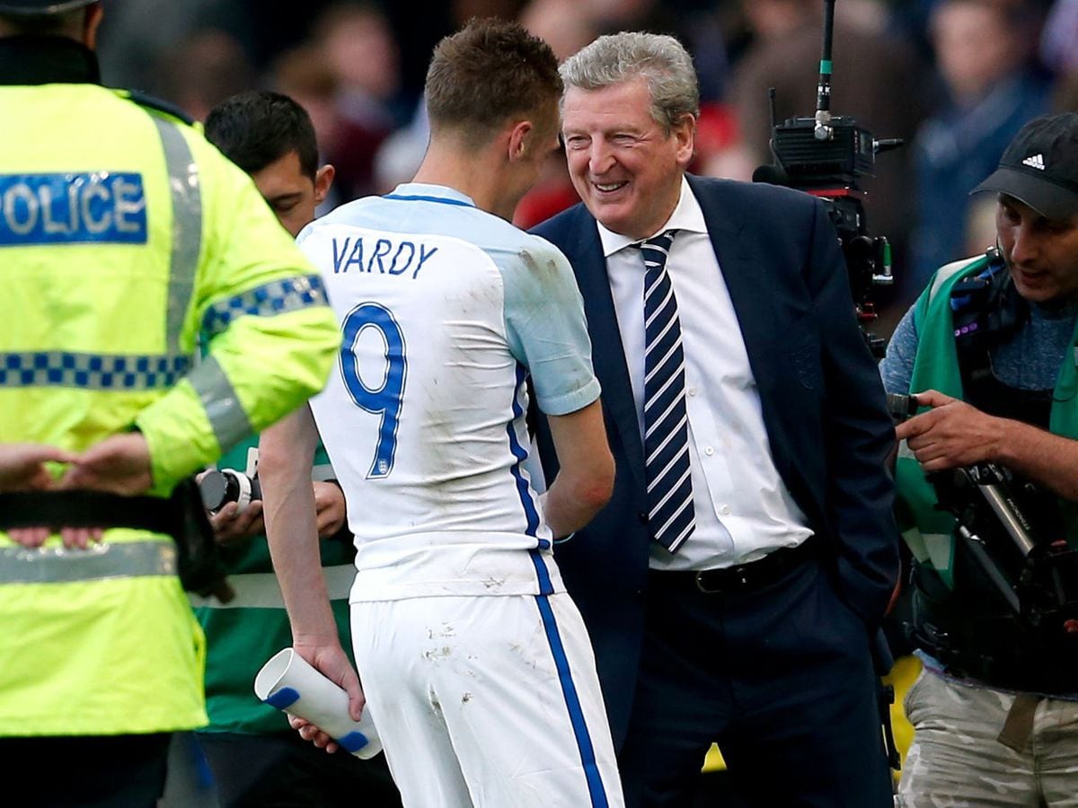 Jamie Vardy and Roy Hodgson share a joke