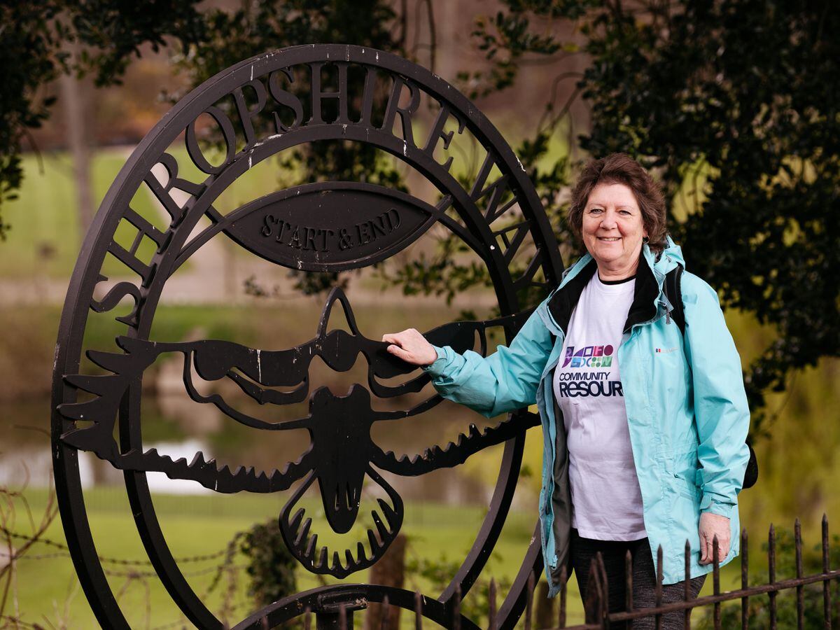 SHREWS COPYRIGHT SHROPSHIRE STAR JAMIE RICKETTS 08/04/2022 - Julie Baron, CEO of Community Resource in Shropshire, is taking on a six-day walking challenge along the Shropshire Way in May 2022 to highlight their work across the county and raise funds. Picture taking at a Shropshire Way sign near the Kingsland Bridge in Shrewsbury
