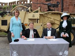 from left:  Her Majesty’s Lord Lieutenant for Shropshire, Anna Turner; Lieutenant Colonel Charles Field, Commanding Officer, Royal Yeomanry; Ian McDougall, Director, WRR Pugh & Son Funeral Directors; High Sheriff of Shropshire, Selina Graham.