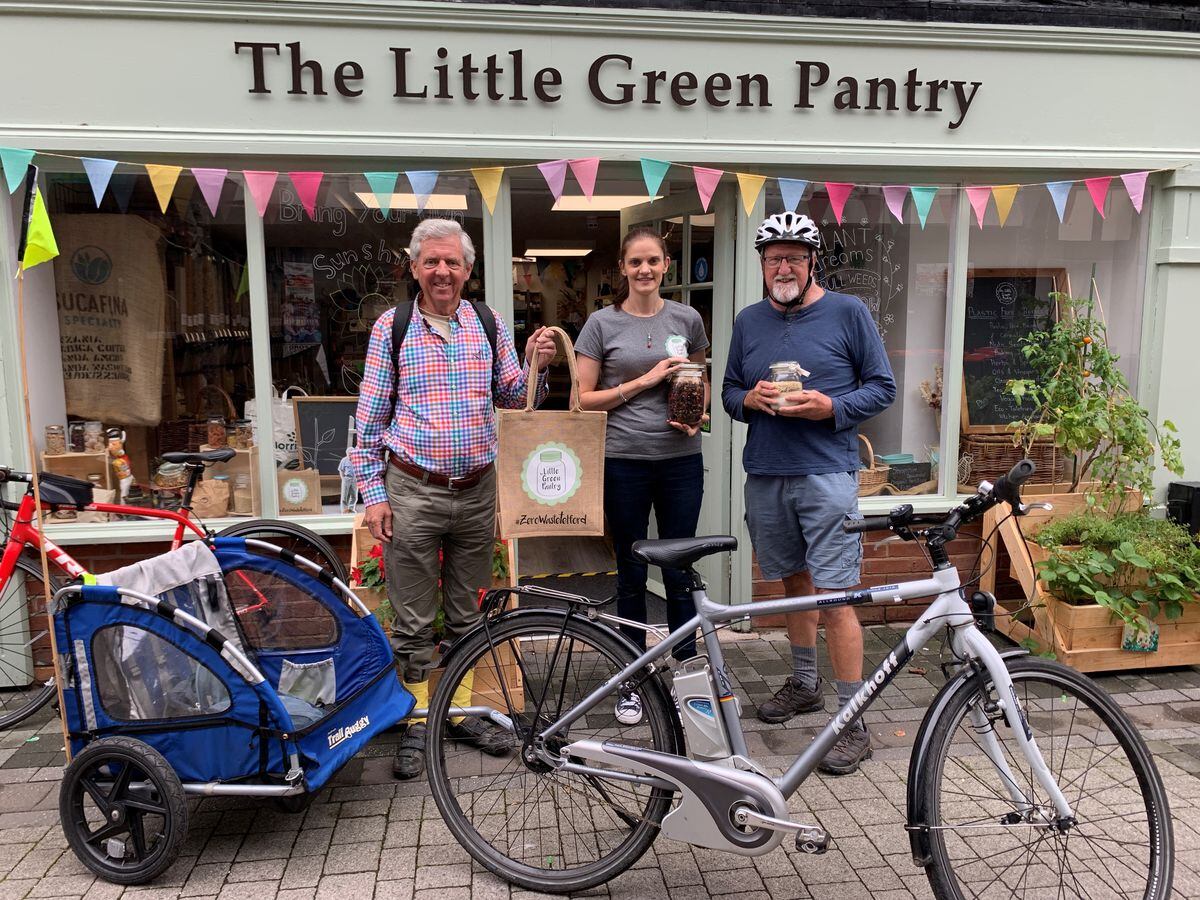 From left; Wellington’s deputy mayor, Councillor Anthony Lowe, Little Green Pantry owner Keli King and David Staniforth, volunteer cyclist with Shropshire Cycle Hub