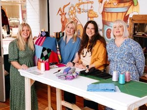Emily Cox (matcher/seamstress), Emma Gregory (head of production), Simone Goward (matcher) and Sally-Ann Said (shop manager), at Turtle Doves in Wyle Cop, Shrewsbury