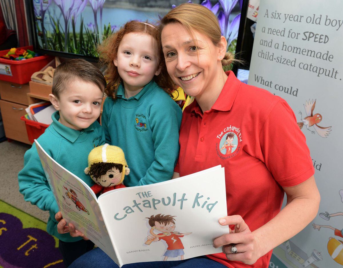 Author Sarah Baker pictured with youngsters Billy Foster, 3, and 4-year-old Eowyn Middleton at Worfield Caterpillars