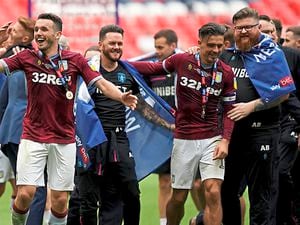 Alex Butler, right, celebrates Villa’s play-off final victory in 2019 with John McGinn and Jack Grealish