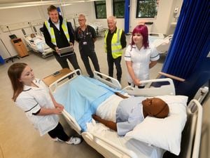 Clinical Educator Stewart Riddle with Paul Bainbridge and Nigel Pugh from SWG Construction and students Paige Williams and Erin Steventon 