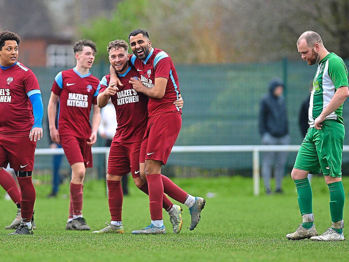 Kieran Buckley is happy with his goal during Dawley Town’s 10-1 victory over Gobowen Celtic   Picture: Steve Leath