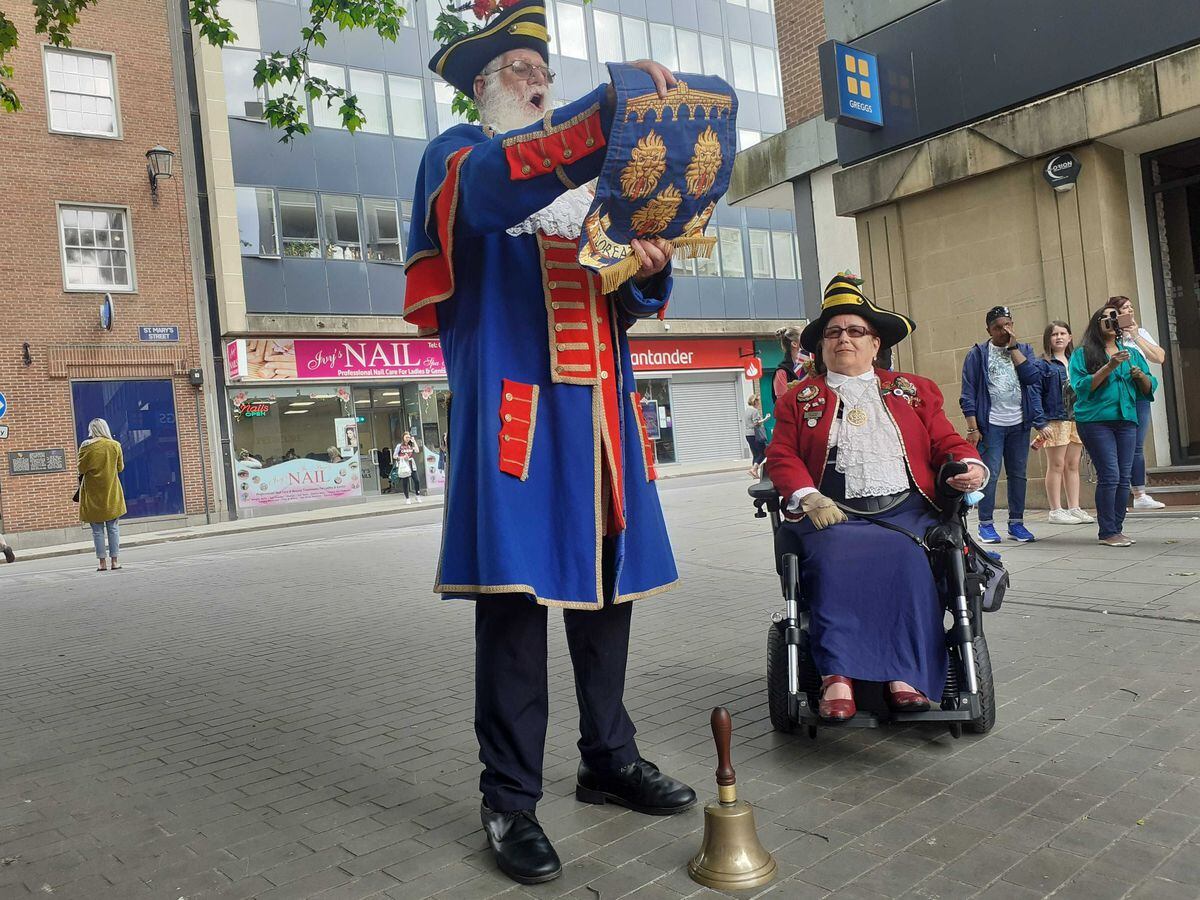 Shrewsbury town crier Martin Wood reads the proclamation on Pride Hill