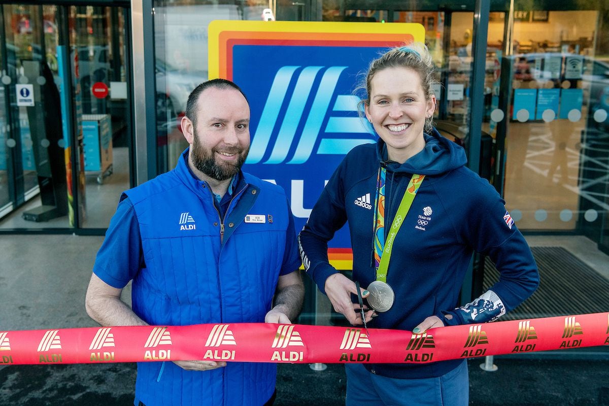 Aldi store manager Robert Birch welcomes Team GB Athlete Victoria Thornley and around 50 customers to the opening. Photo: Aldi