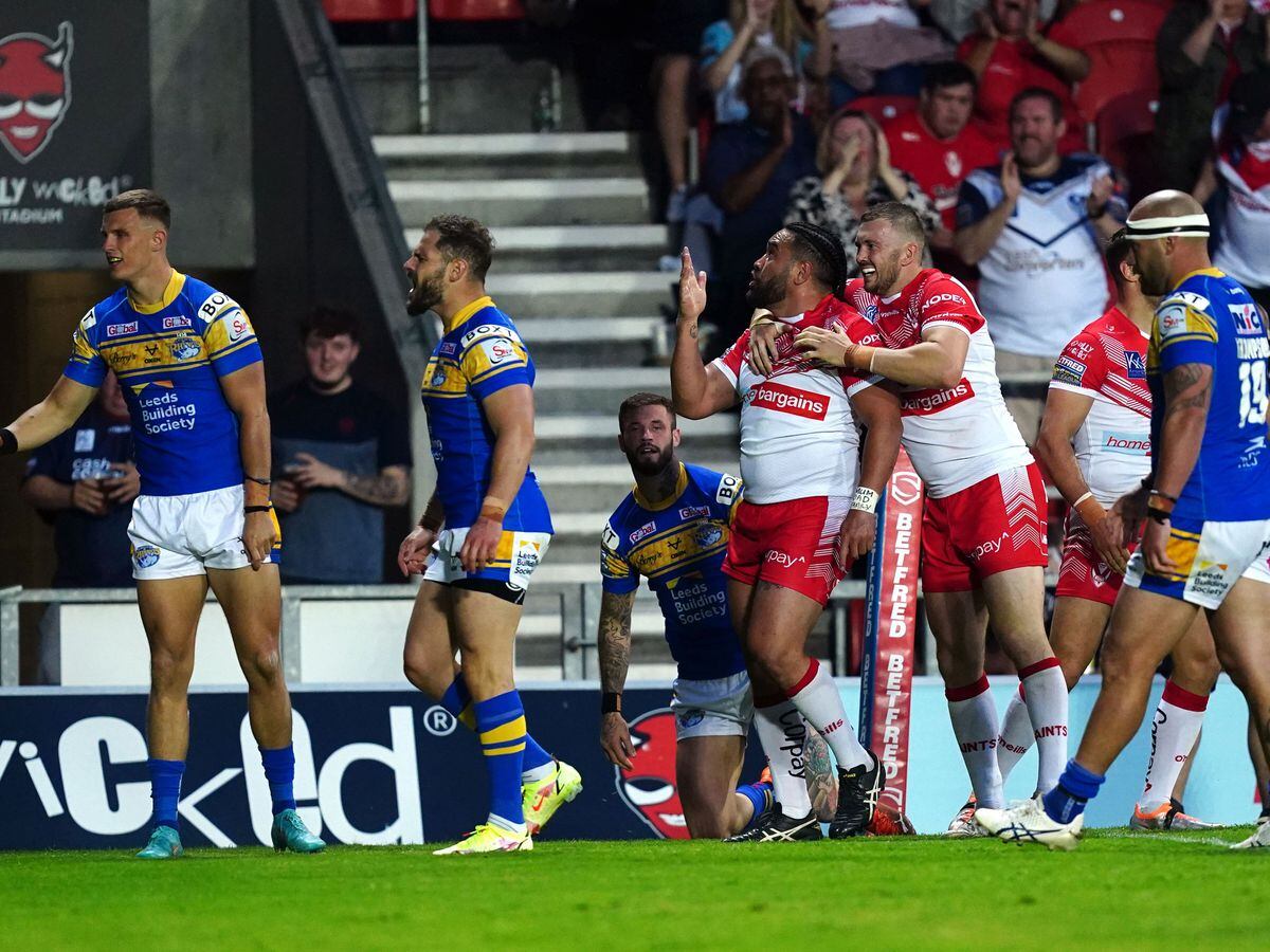 St Helens celebrate a try against Leeds