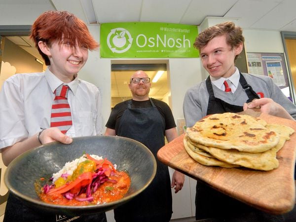  Ben Wilson, of Osnosh, with pupils from The Marches School, making a chicken and chickpea madras and nan bread, Isaac Clayton, 15, and Josh Bellingham, 14.