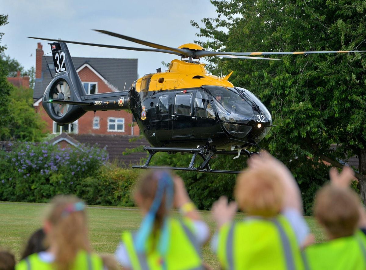 St Georges Junior and Woodfields Infant School, where a helicopter flown by former Military pilots (now pilot trainers ar RAF Shawbury), was landing. As part of a STEM project. The pilots are: Chris Simpson and Danny Shorter who both have children at the school.
