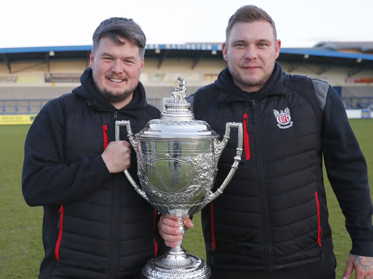 Shifnal Town joint managers Andrew Carrier and Danny Carter with the TJ Vickers Shropshire FA Premier Cup