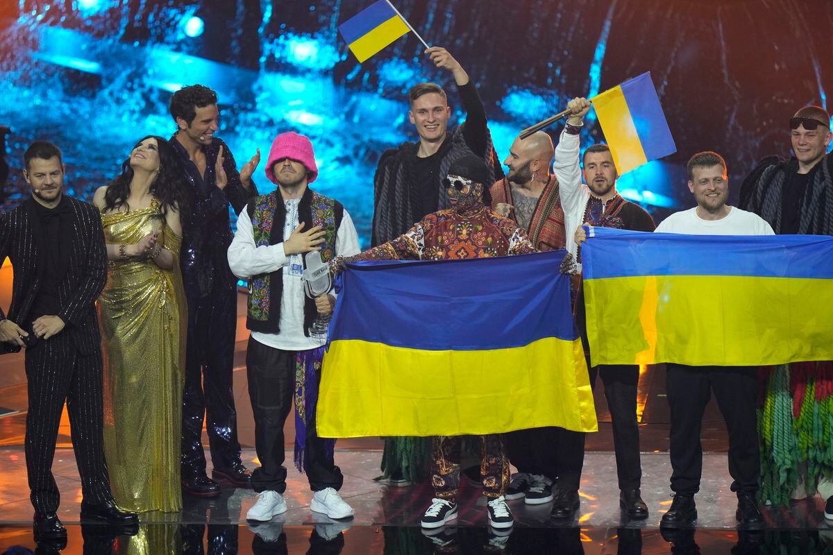Kalush Orchestra from Ukraine celebrates after winning the Grand Final of the Eurovision Song Contest at Palaolimpico arena, in Turin, Italy, Saturday, May 14, 2022. (AP Photo/Luca Bruno).
