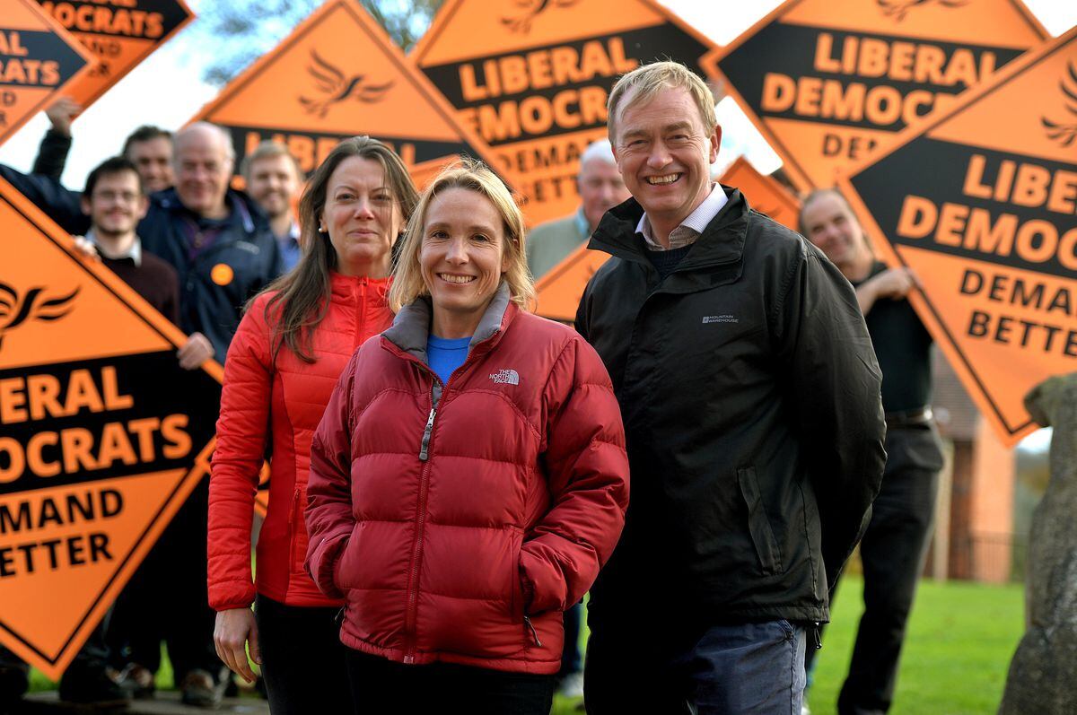 Lib Dem candidate Helen Morgan, centre, with party MPs Sarah Green and Tim Farron