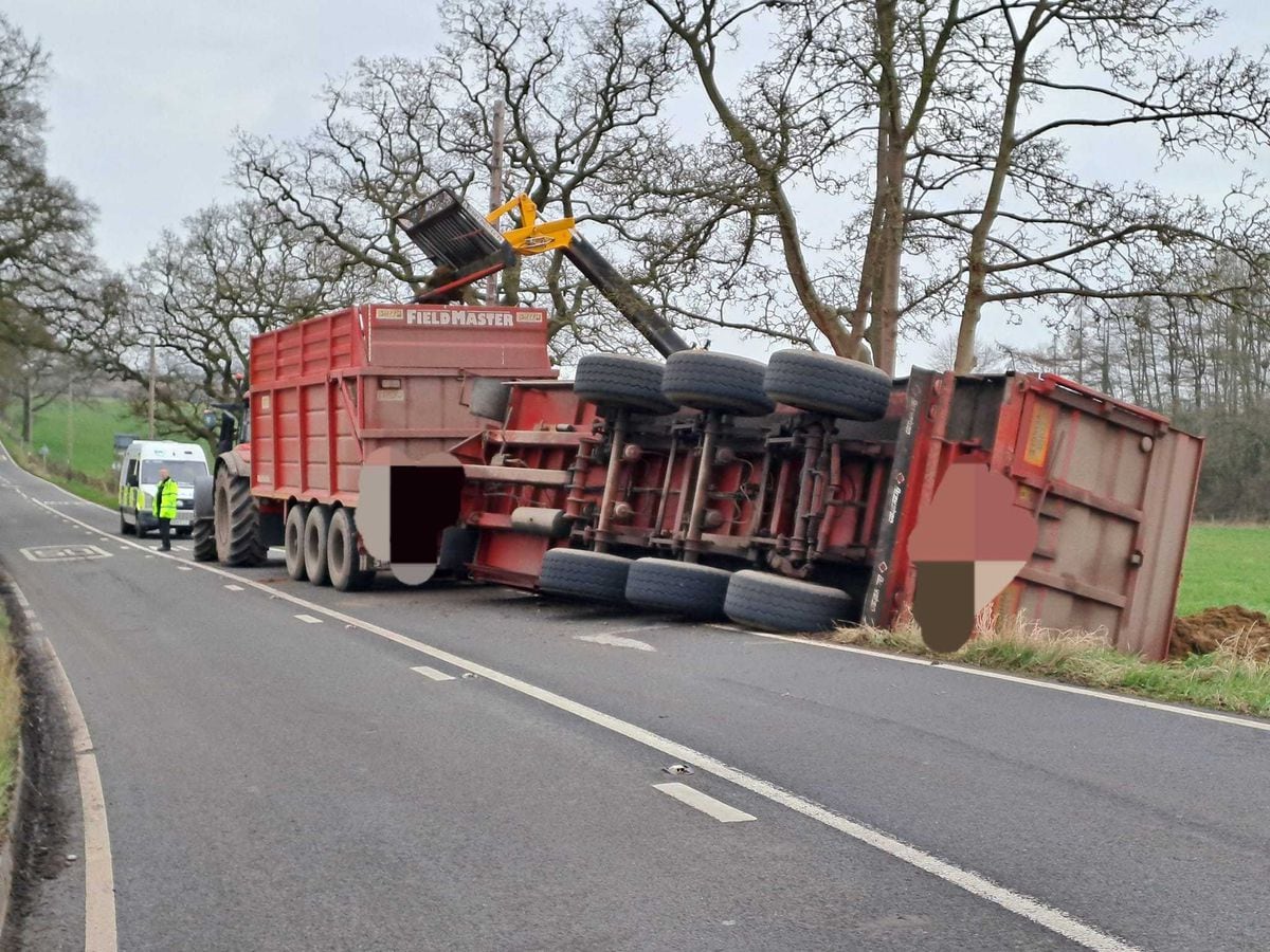 Overturned trailer ends up in field near Market Drayton 
