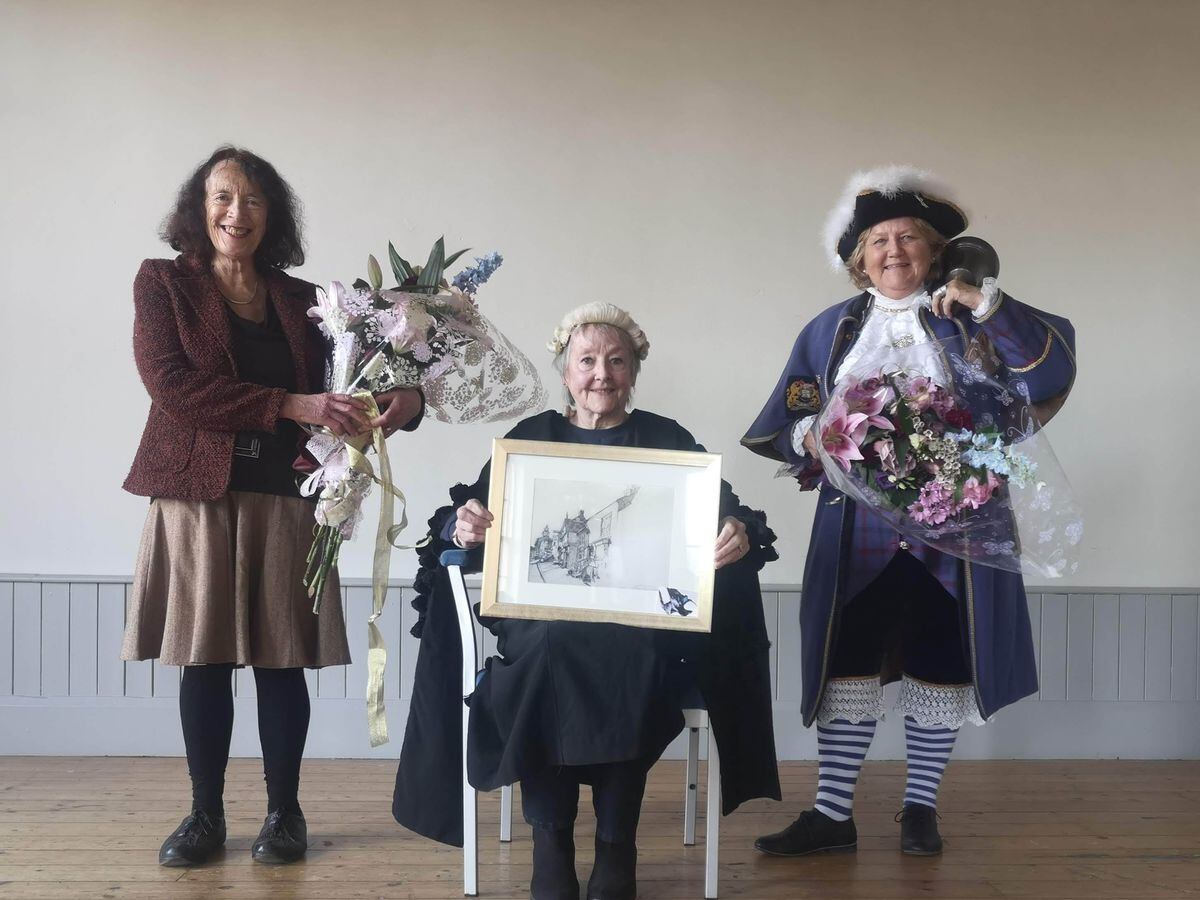 Jill Kibble, mayor, with retiring Glenys Smith, and town crier Sue Blower