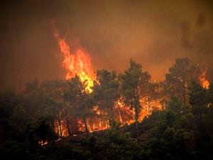 Flames rise during a forest fire on the Greek island of Rhodes. Photo: Argyris Mantikos/Eurokinissi via AP.