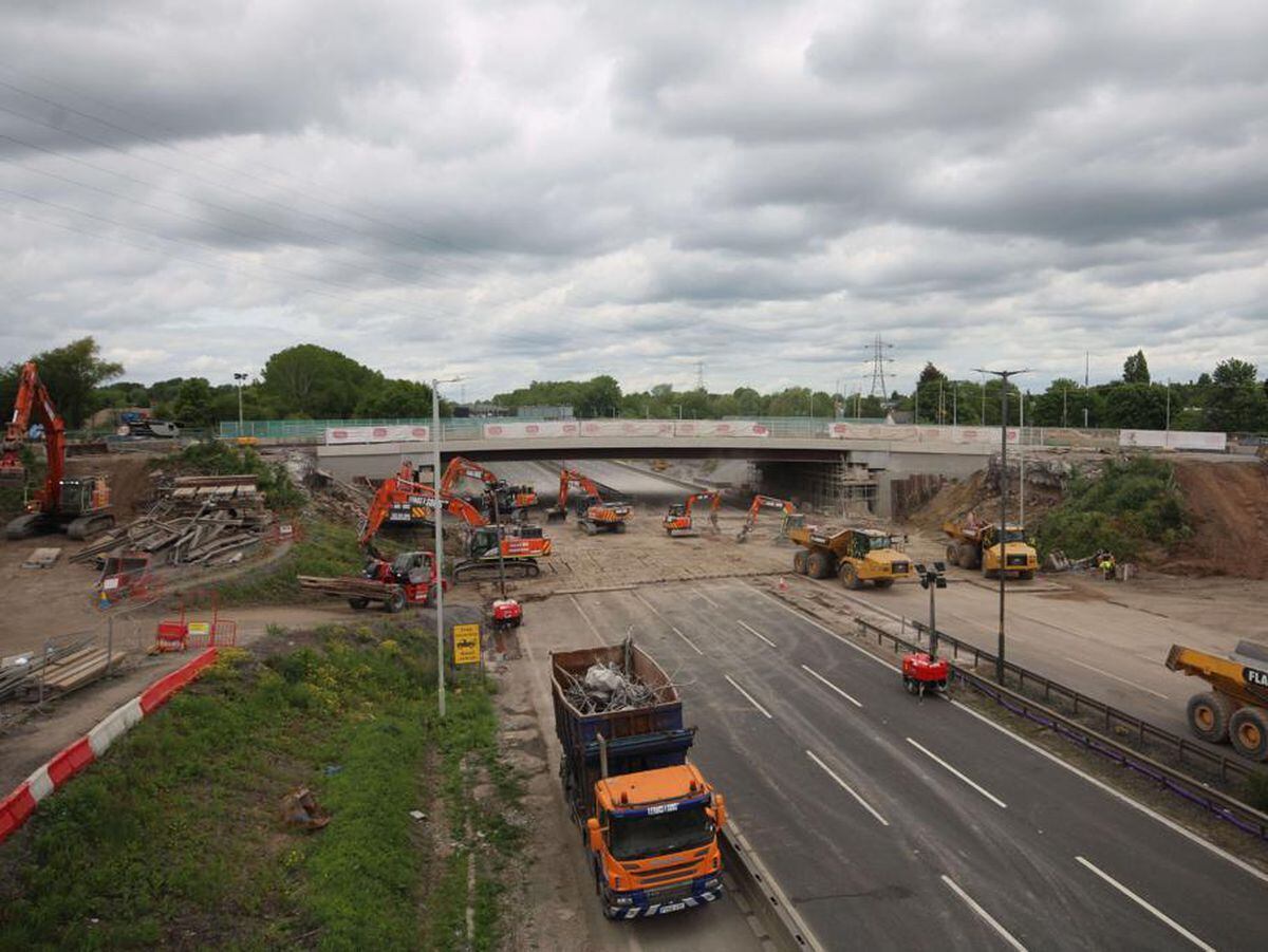 Clear-up work under way on Sunday afternoon after the demolition of the old north bridge at Junction 10 was completed. Photo: National Highways.