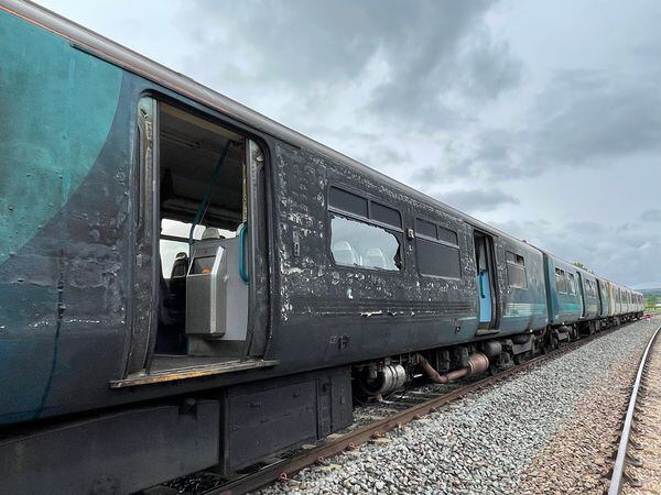The train suffered fire damage after hitting the digger on Sunday. Photo: Transport for Wales
