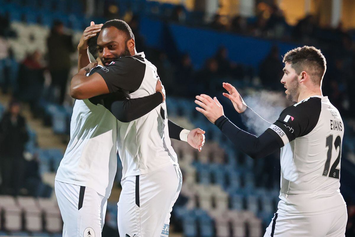 AFC Telford United players celebrate  (Ashley Griffiths - Grifftersworld Photography)